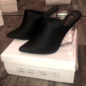 Black clear heeled mules